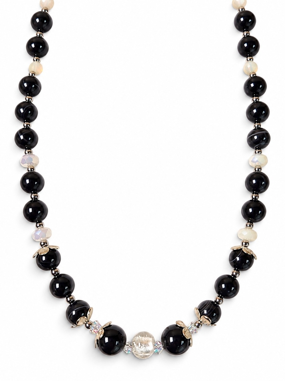 10 mm Black Lace Agate Necklace with Opalite, Murano & Czech Crystals — 22″